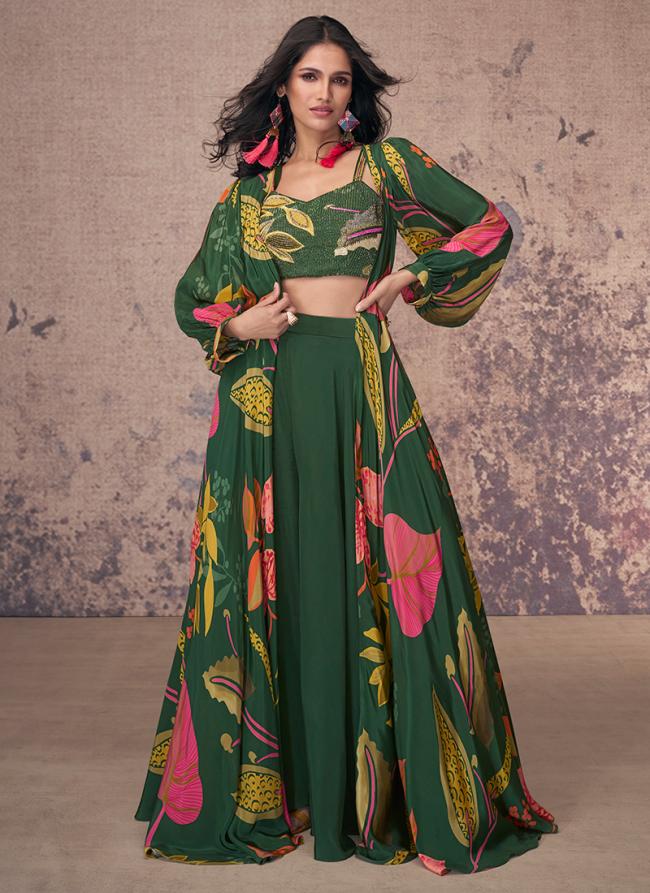 Pure Crepe Silk Green Party Wear Digital Printed Readymade Indo Western